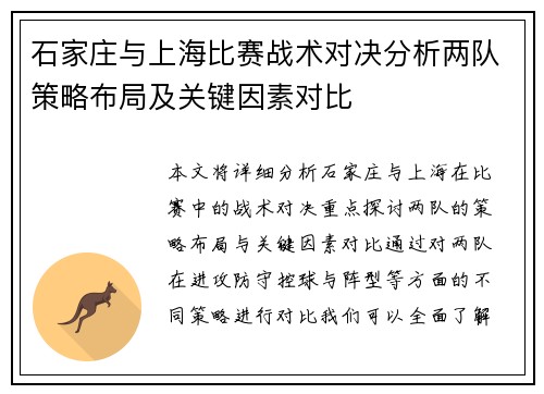 石家庄与上海比赛战术对决分析两队策略布局及关键因素对比