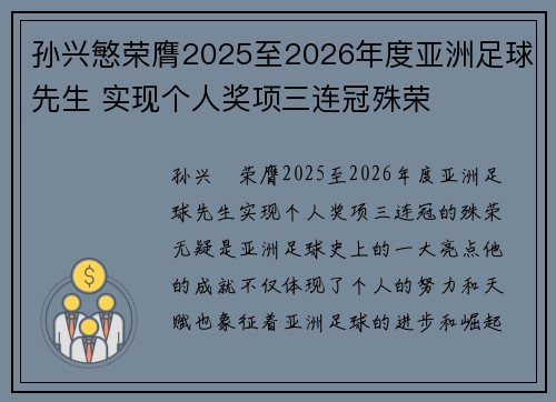 孙兴慜荣膺2025至2026年度亚洲足球先生 实现个人奖项三连冠殊荣