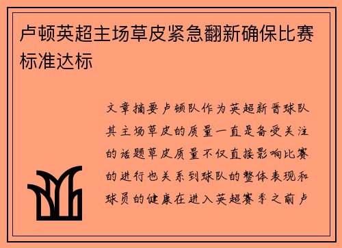 卢顿英超主场草皮紧急翻新确保比赛标准达标